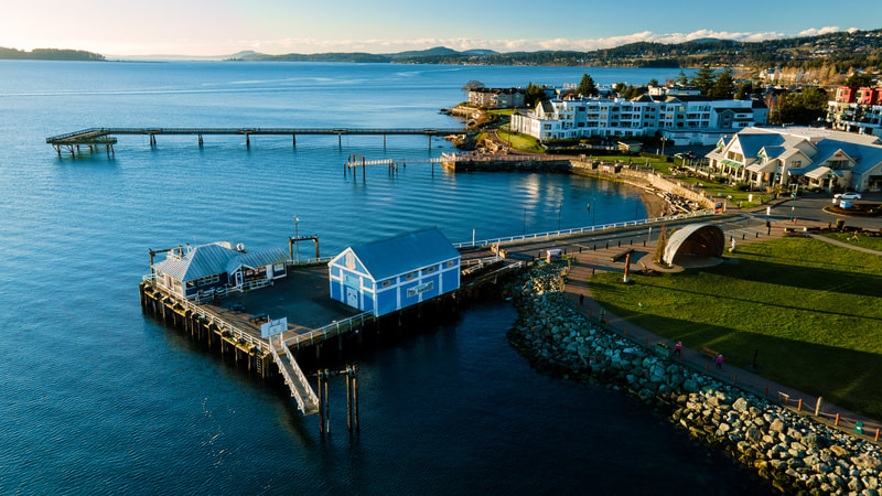 Aerial image of the waterfront in Sidney, BC Canada